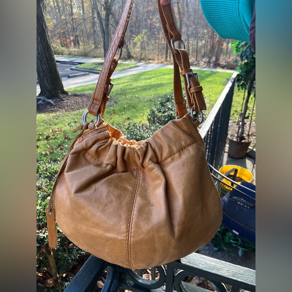 ASOS Leather Bag Purse Tan Ruched Bohemian Chic - Picture 6 of 17